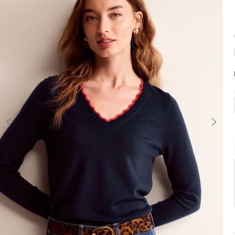 Boden Merino Scallop V-Neck Sweater Navy S NWT